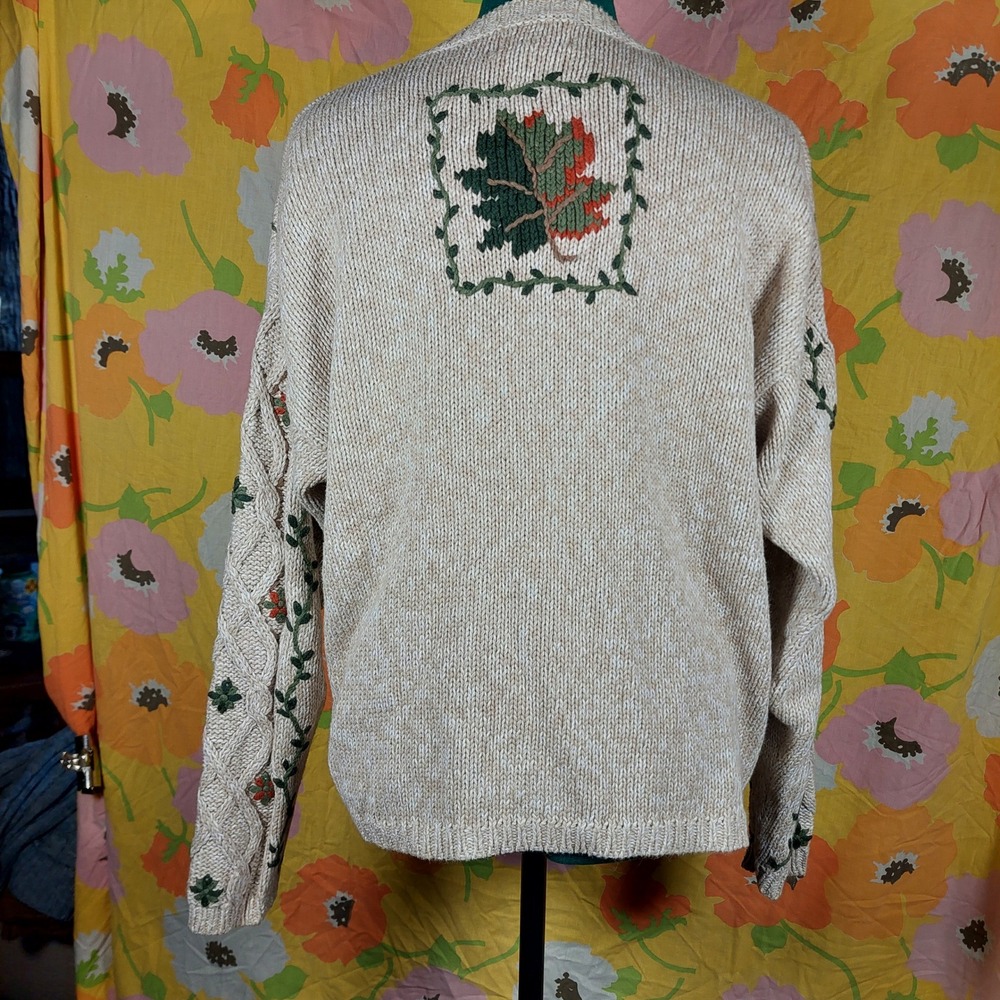 Christopher & Banks Vintage Hand Embroidered Fall Leaf Cable Knit Sweater Large - Picture 2 of 7